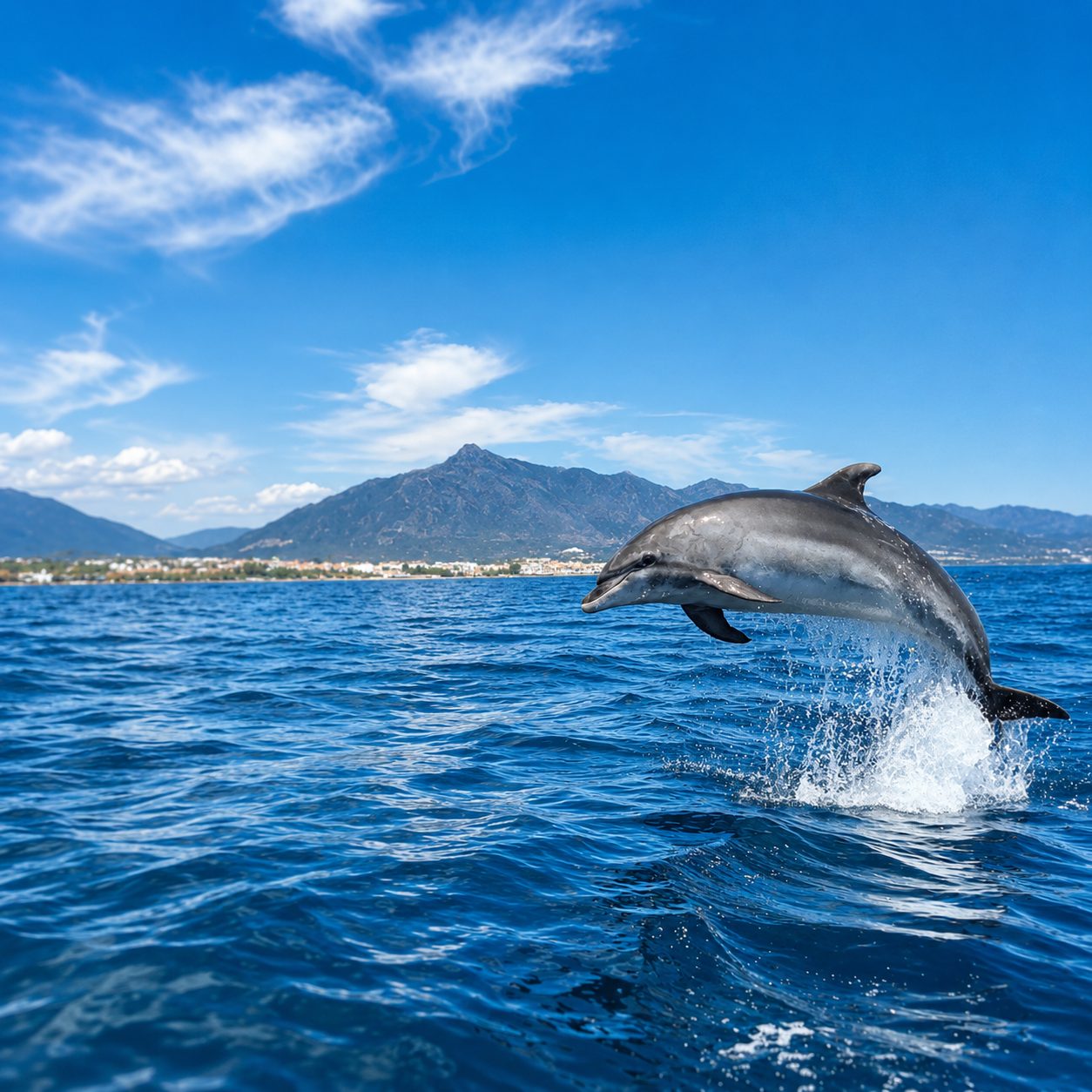 Dolphin leaping out of the sea with La Concha mountain and Marbella behind, on a dolphin-watching sail from Puerto Banús