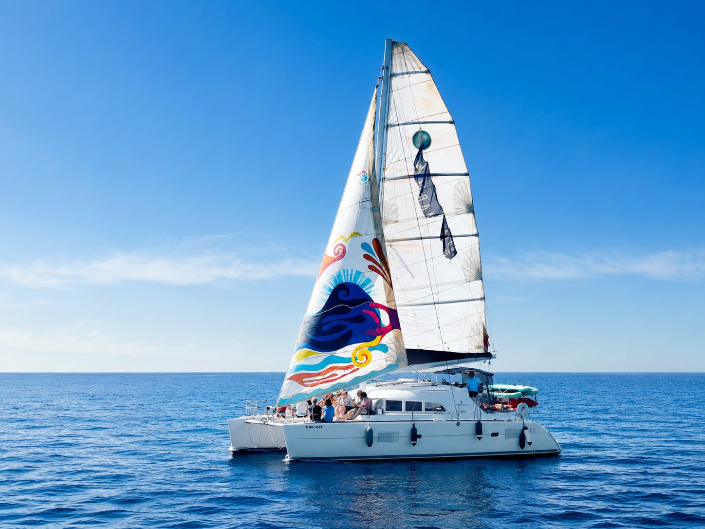 Daria, a Lagoon 380 sailing catamaran with a painted sail, on a charter off Marbella