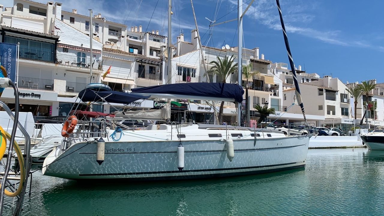 A sailing yacht from our own fleet moored at pantalan 4 in Puerto Banús, Marbella