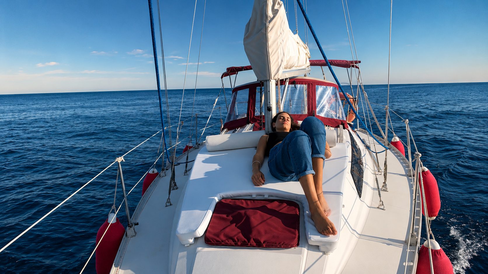 Guest relaxing on the foredeck of Samaruc on the open sea off Marbella
